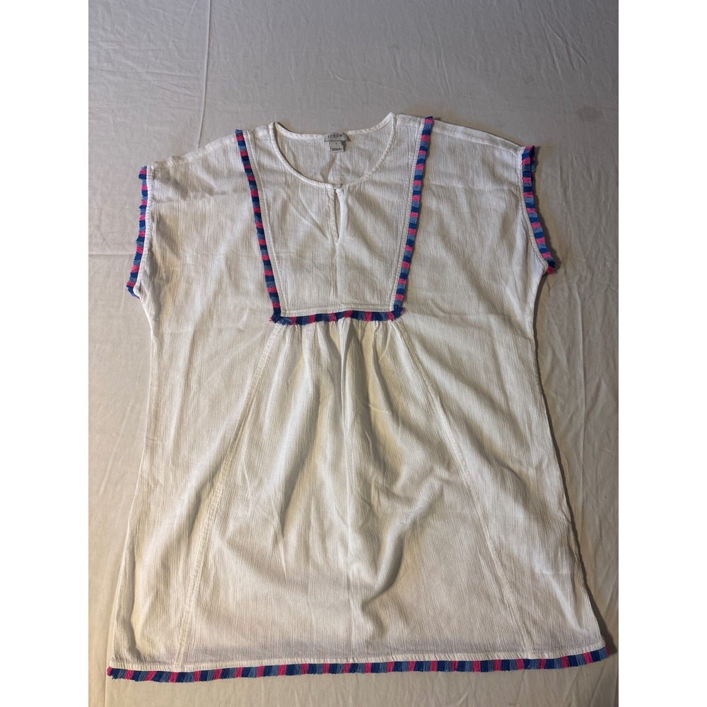 J.Crew Gauze Peasant Top Womens L White‎ Excellent Pink Blue Fringe Trim Boho